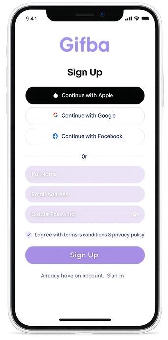 Gifba Sign Up Screen